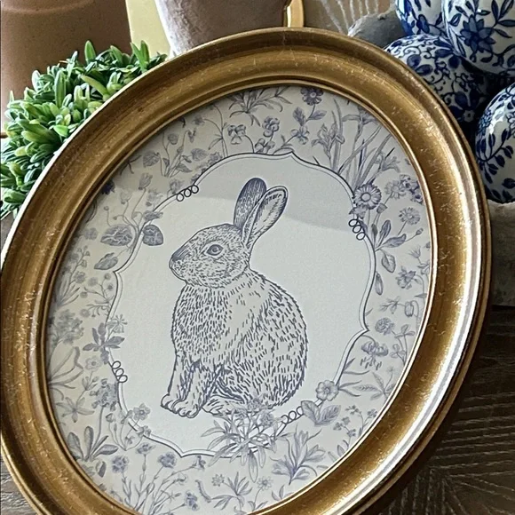 NEW! Vintage Inspired Blue & White French Toile Floral Bunny Rabbit Wall Art - Picture 3 of 6